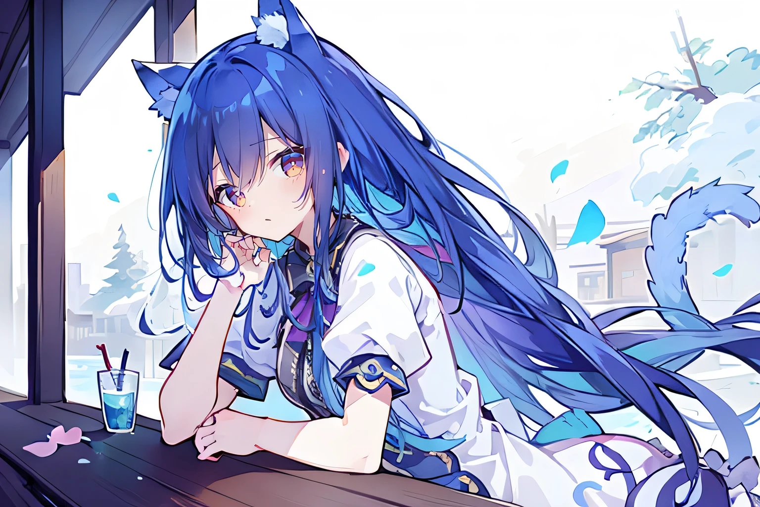 (Masterpiece:1.2),Ultra-detailed,lifelike,The eyes are expressive,Fair skin,Perfect face shape,1 girl,Japanese Manga,Gorgeous blue hair,Flowing blue hair,Flowing clothes,Cat ears,Petals falling,Smile,Tokyo background,background,heavy snow,winter.Highest quality,perfect face,sitting on window sill drinking coffee and looking out the window.