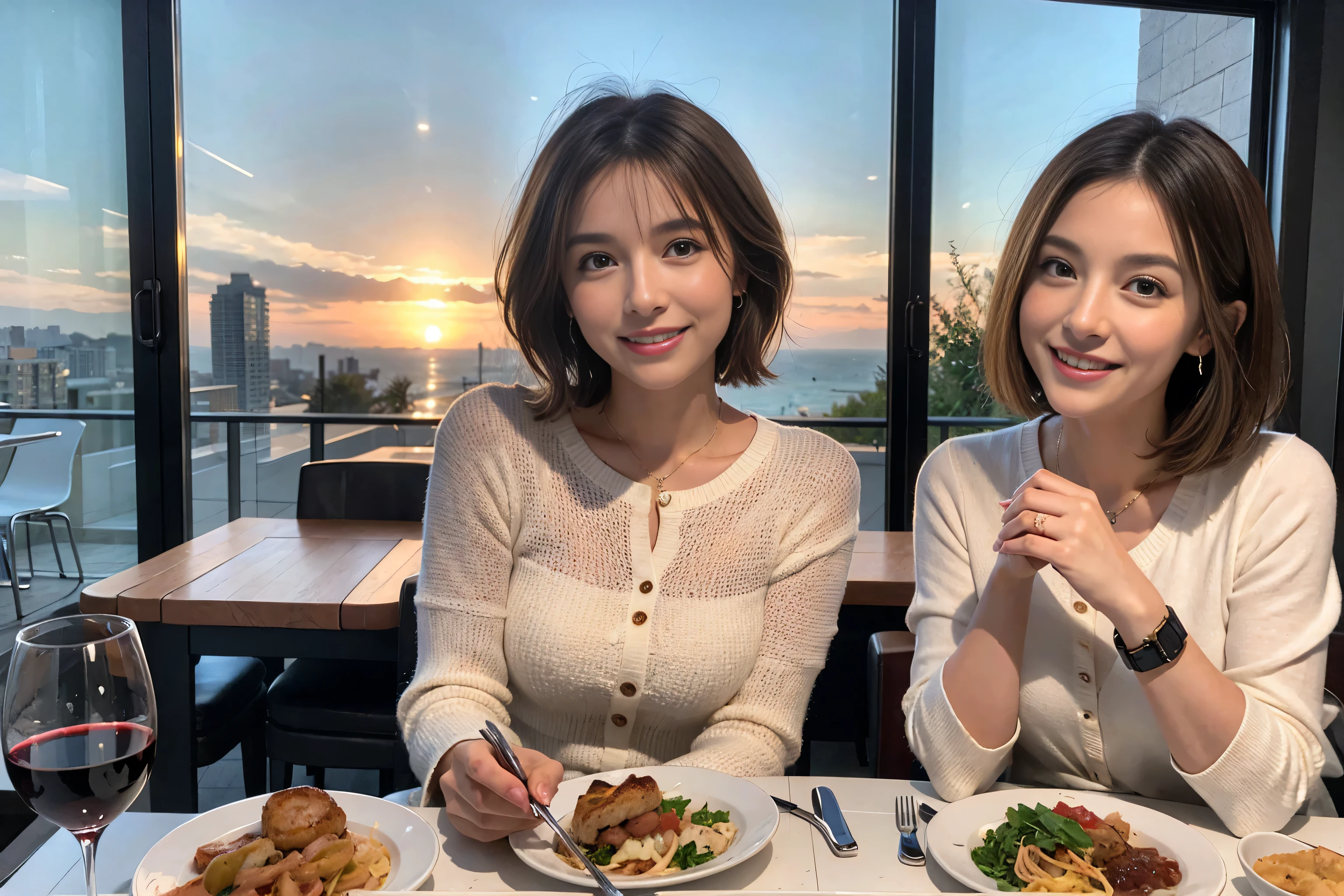 (Realistic:1.1),(masterpiece,Highest quality),8k,(49 years old), 53 years old, slimカップル、Tight waist,Upper Body,full-course dinner、wine 、Amazing view of the sunset sky and clouds、Perfect Anatomy, Brown Hair, short hair,Random Hairstyles,((Highly detailed face and eyes:1.2)),Perfect golden ratio face,Long sleeve shirt、dress,(smile:1.2)、Shortcuts、cute、(Realistic, Intricate details:1.2), A bright smile、short hair,Bright Face、赤wine 、Appetizers、Italian food、wine bottle、Champagne、スパークリングwine、(slimな顔), (The body is slim), (Brown Hair), (Shortcuts), Upper Body, 白wine, slim, wineグラス,