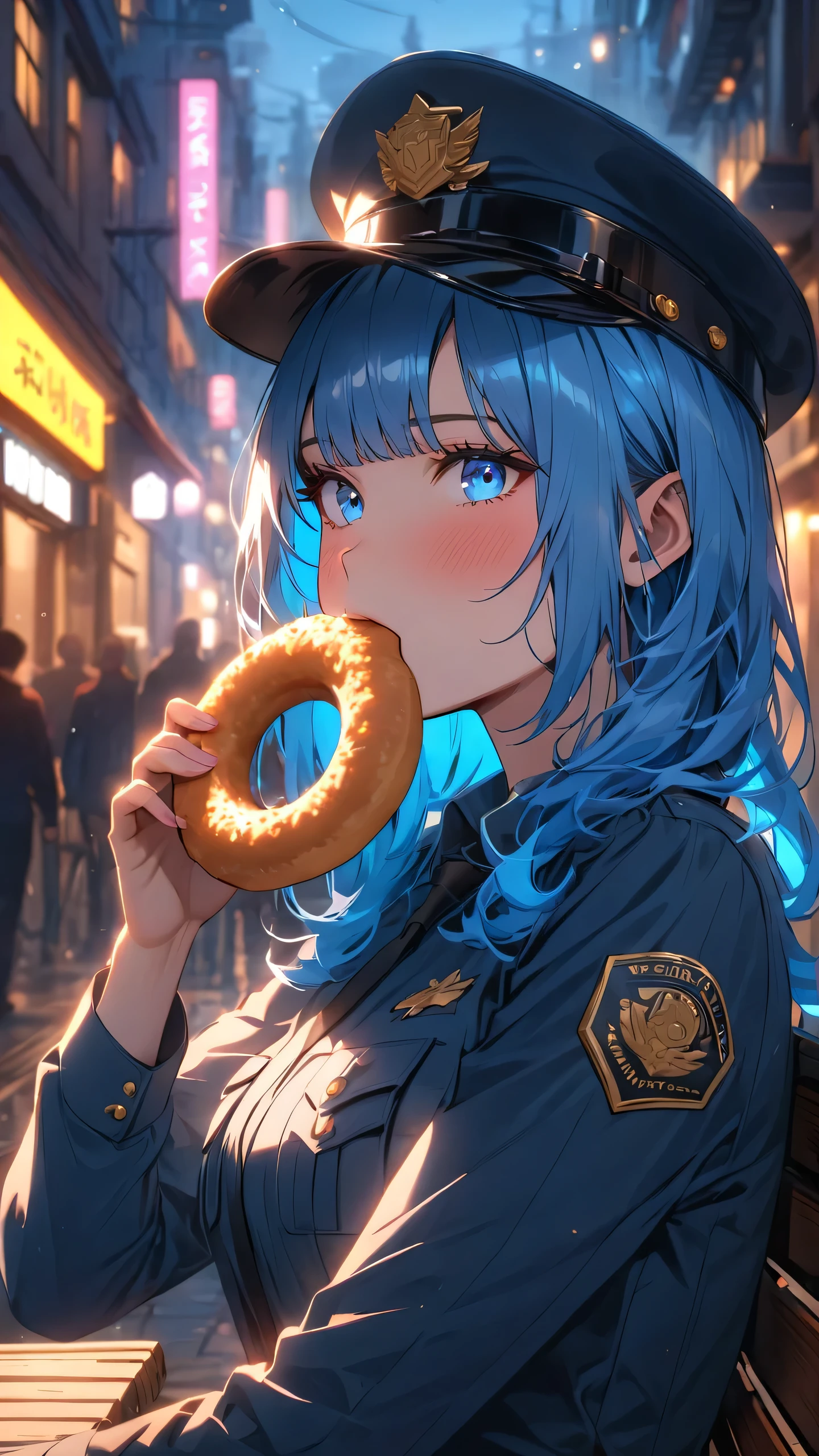 highest quality, masterpiece, best quality, 1 girl, solo,
BREAK
dramatic lighting, glowing, glowneon, moonlight,
BREAK
street, town,
BREAK
holding donut, eating, sitting on bench, upper body
BREAK
blue eyes, medium hair, blue hair:1.5, straight hair, police uniforms, police hat