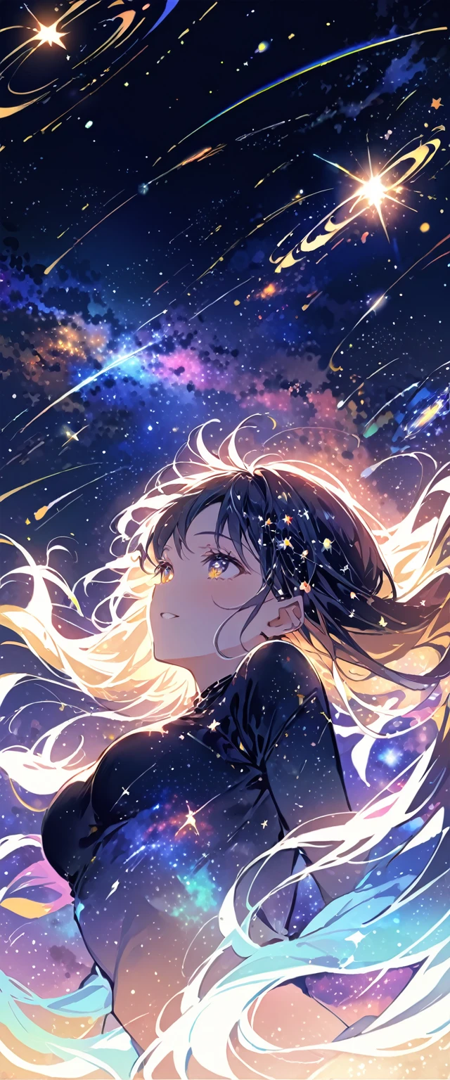Attention to detail, Super Detail, Ultra-high resolution, A girl having a good time in a dream galaxy, Surrounded by stars, The warm light that shines on her, The background is a starry sky with colorful galaxies and galactic clouds, The stars fly around her, Delicate face, Add a playful touch ,