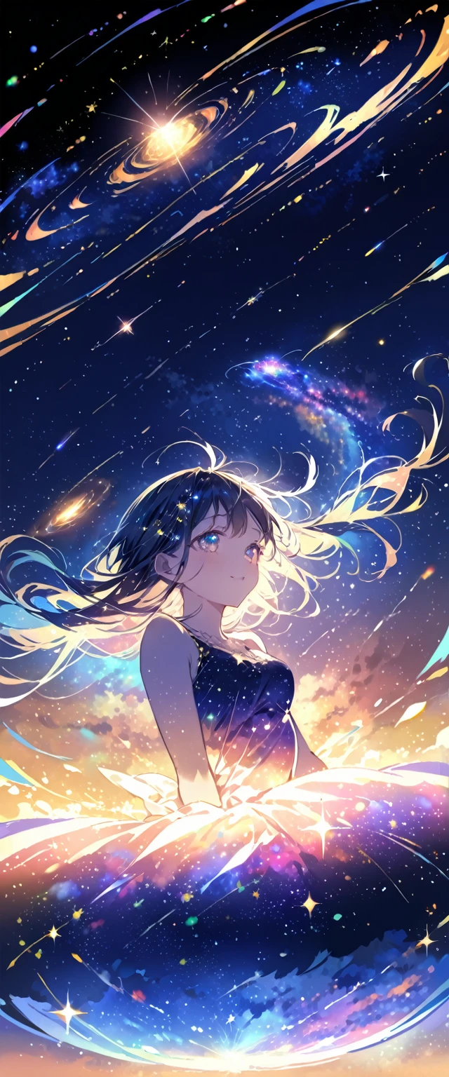 Attention to detail, Super Detail, Ultra-high resolution, A girl having a good time in a dream galaxy, Surrounded by stars, The warm light that shines on her, The background is a starry sky with colorful galaxies and galactic clouds, The stars fly around her, Delicate face, Add a playful touch , 