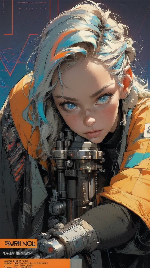 (((masterpiece, highest quality))),(((solo:1.2))),(((1girl:1.2))),32k wallpaper, very detailed, poster, vintage science fiction,(((((geometric cinematic movie poster))))), ((bauhaus)),(shape),(((abstract))),(mid century modern),(((((portfolio))))),(((((Close-up))))),(((((bust up))))),((((more various angle)))),((((highlight)))),((((heterochromia)))),(((complete. detailed face))),((((Extremely talented)))),(((((most complecated futristic machine))))),(Colorful color scheme),(((detailed unlimited complete equipment : rail gun))),(((((Absolutely simple background))))),(((Texture for people : grunge))),(((Cheek resting on hand))),((Rest on your chin)))
