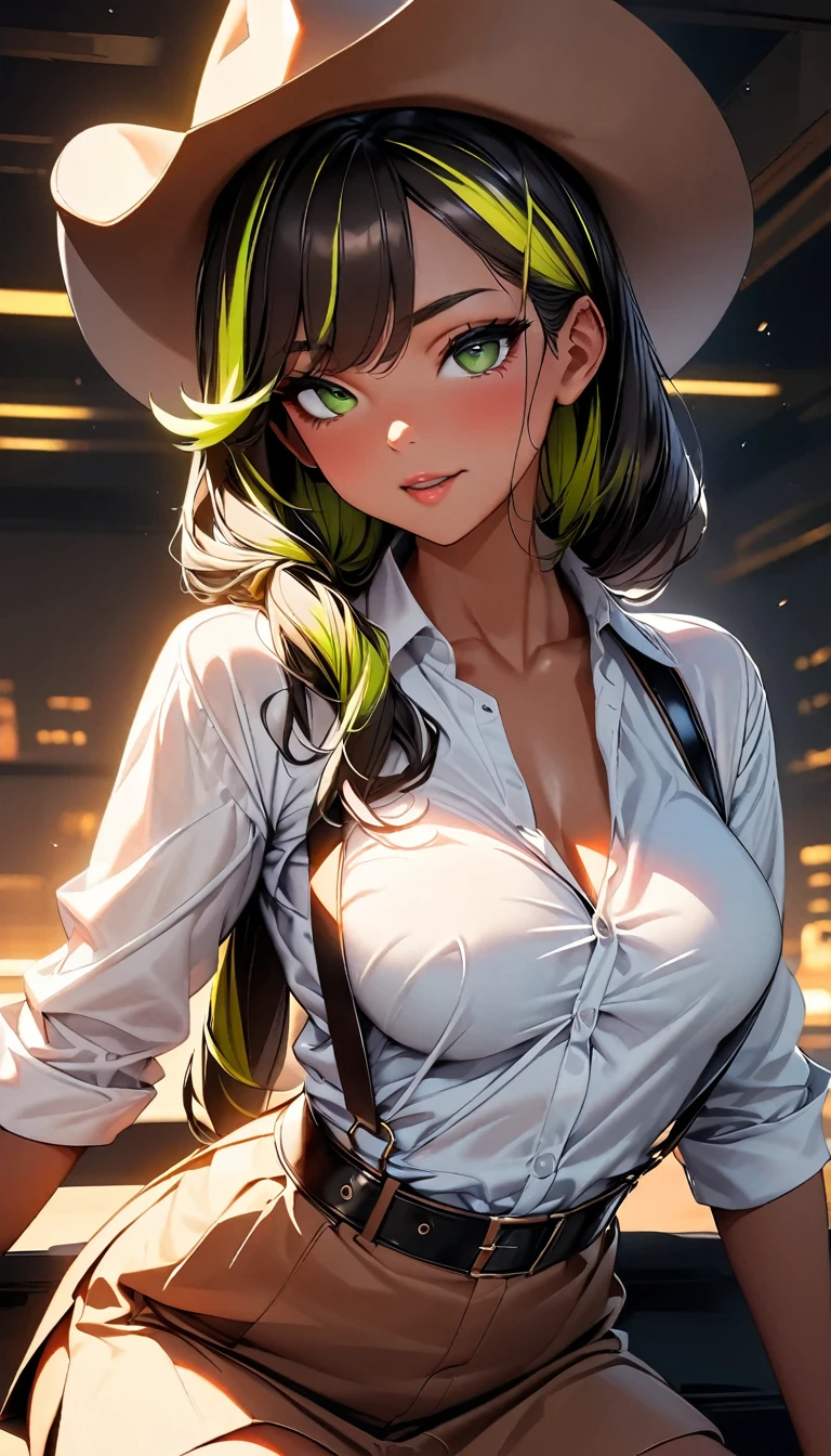 (highest quality:1.2, Very detailed, up to date, Vibrant, Ultra-high resolution, High Contrast, masterpiece:1.2, highest quality, Best aesthetics), Portraiture、solo, girl、(slim:1), (25-years-old), Cowgirl, Bright colors、Beautiful fine details、Beautiful lip detail、long hair、(wide-brimmed cowboy hat:1), low ponytail, white and yellow green ((streaked hair:1.6)), highlights hair: 1.5, (medium breast:1) , (tan skin:0.9), white cowboy shirt rolled up, button undone, suspenders, brown tight short skirt cowboy, belt with buckles, buckle, brown cowboy hat, cowboy boots, brown cowboy hat, sitting on top of the bar, inside the bar,((cowboy shot:1))