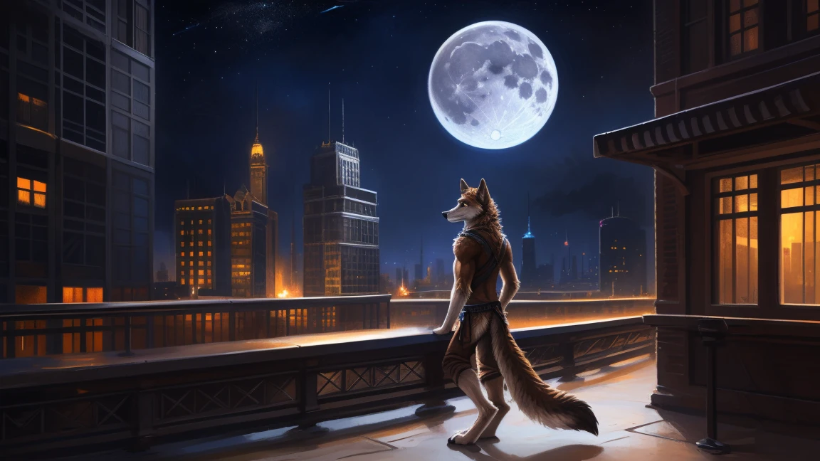 ((Solo)), male people, anthro wolf, (Multi-colored fur, White-brown:1.3), ((Wolf face, Big eyes, White eyelids, Blue pupil, Slim:1.2) (Tough, Calm expression:1.2)), (Height 2.1 meters,Tail length 1.5m), Abs, Slim, pinging, (Correct anatomy), (Contour bone:1.2), The upper body is naked, (detailed outfits), a long large tail，Feet，(Realistic fur, Detailed fur texture, labeled:1.3)), (Natural lighting), Photorealistic, Hyperrealistic, ultradetailed, by Kenket，In the modern city，Roof，the night，Sit alone，Look at the full moon，It was dark，Starry