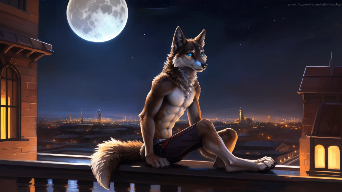 ((Solo)), male people, anthro wolf, (Multi-colored fur, White-brown:1.3), ((Wolf face, Big eyes, White eyelids, Blue pupil, Slim:1.2) (Tough, Calm expression:1.2)), (Height 2.1 meters,Tail length 1.5m), Abs, Slim, pinging, (Correct anatomy), (Contour bone:1.2), The upper body is naked, (detailed outfits), a long large tail，Feet，(Realistic fur, Detailed fur texture, labeled:1.3)), (Natural lighting), Photorealistic, Hyperrealistic, ultradetailed, by Kenket，In the modern city，Roof，the night，Sit alone，Look at the full moon，It was dark，Starry