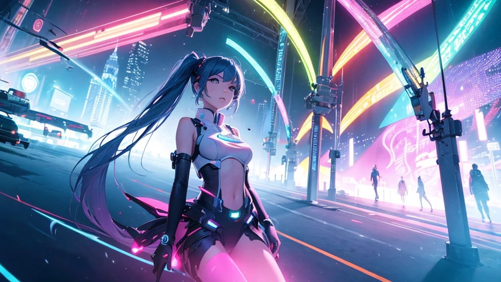 A spectacular parade in a futuristic metaverse theme park with colorful neon lights