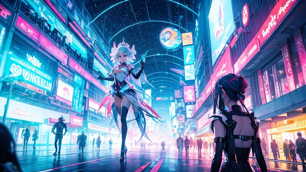 A spectacular parade in a futuristic metaverse theme park with colorful neon lights