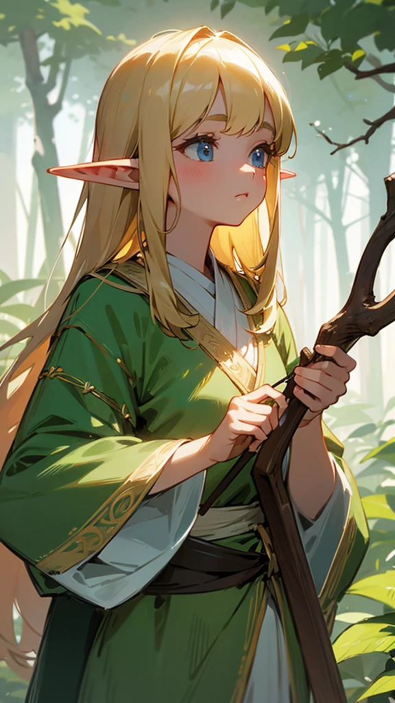 in the forest、Elf、Holding a bow、The face is looking straight ahead、Her hair is blonde and straight with bangs.、Royalty