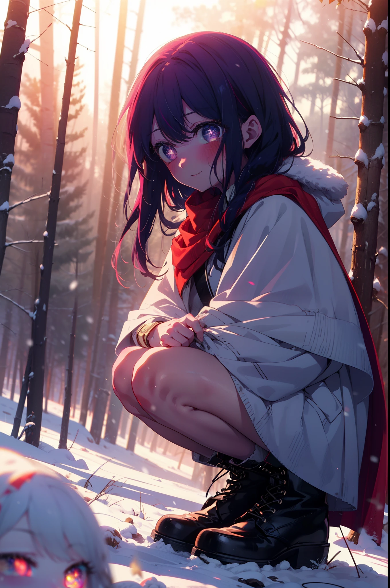aihoshino, Ai Hoshino, Long Hair, bangs, (Purple eyes:1.1), Purple Hair, (Symbol-shaped pupil:1.5), smile,,smile,blush,white breath,
Open your mouth,snow,Ground bonfire, Outdoor, boots, snowing, From the side, wood, suitcase, Cape, Blurred, , forest, White handbag, nature, Squat, Mouth closed, Cape, winter, Written boundary depth, Black shoes, red Cape break looking at viewer, Upper Body, whole body, break Outdoor, forest, nature, break (masterpiece:1.2), Highest quality, High resolution, unity 8k wallpaper, (shape:0.8), (Beautiful and beautiful eyes:1.6), Highly detailed face, Perfect lighting, Highly detailed CG, (Perfect hands, Perfect Anatomy),