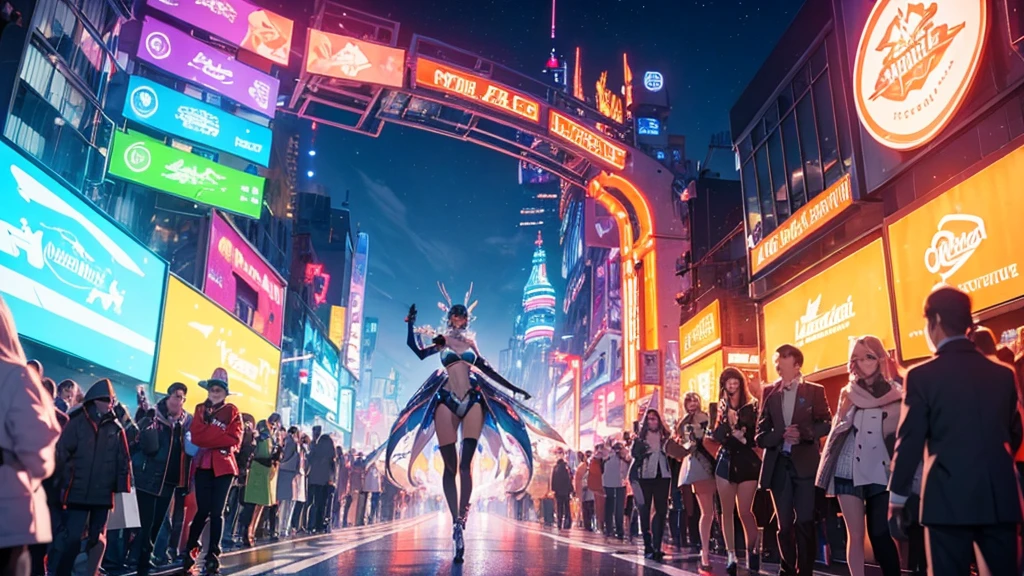 A spectacular parade in a futuristic metaverse theme park with colorful neon lights