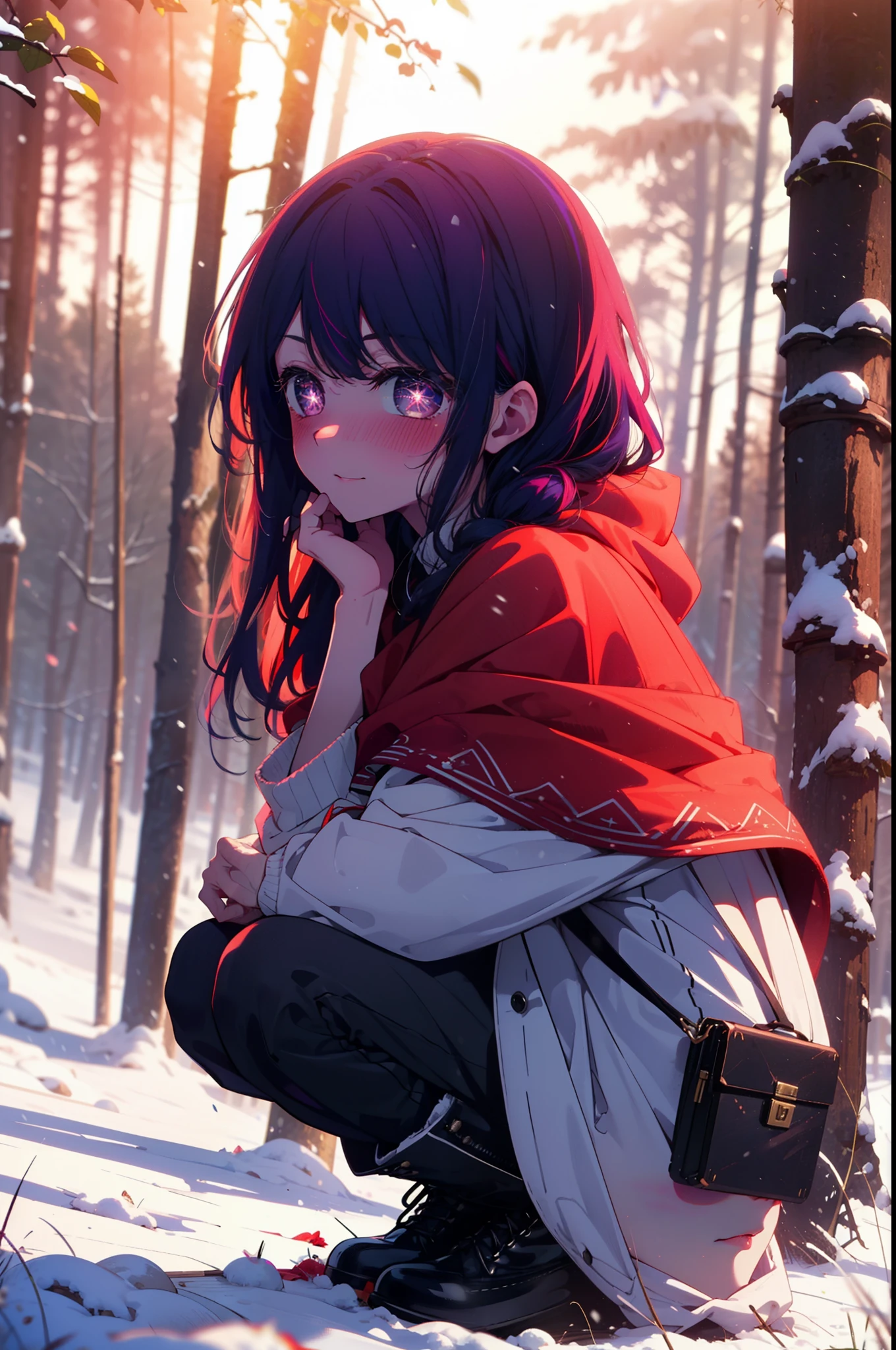 aihoshino, Ai Hoshino, Long Hair, bangs, (Purple eyes:1.1), Purple Hair, (Symbol-shaped pupil:1.5), smile,,smile,blush,white breath,
Open your mouth,snow,Ground bonfire, Outdoor, boots, snowing, From the side, wood, suitcase, Cape, Blurred, , forest, White handbag, nature, Squat, Mouth closed, Cape, winter, Written boundary depth, Black shoes, red Cape break looking at viewer, Upper Body, whole body, break Outdoor, forest, nature, break (masterpiece:1.2), Highest quality, High resolution, unity 8k wallpaper, (shape:0.8), (Beautiful and beautiful eyes:1.6), Highly detailed face, Perfect lighting, Highly detailed CG, (Perfect hands, Perfect Anatomy),