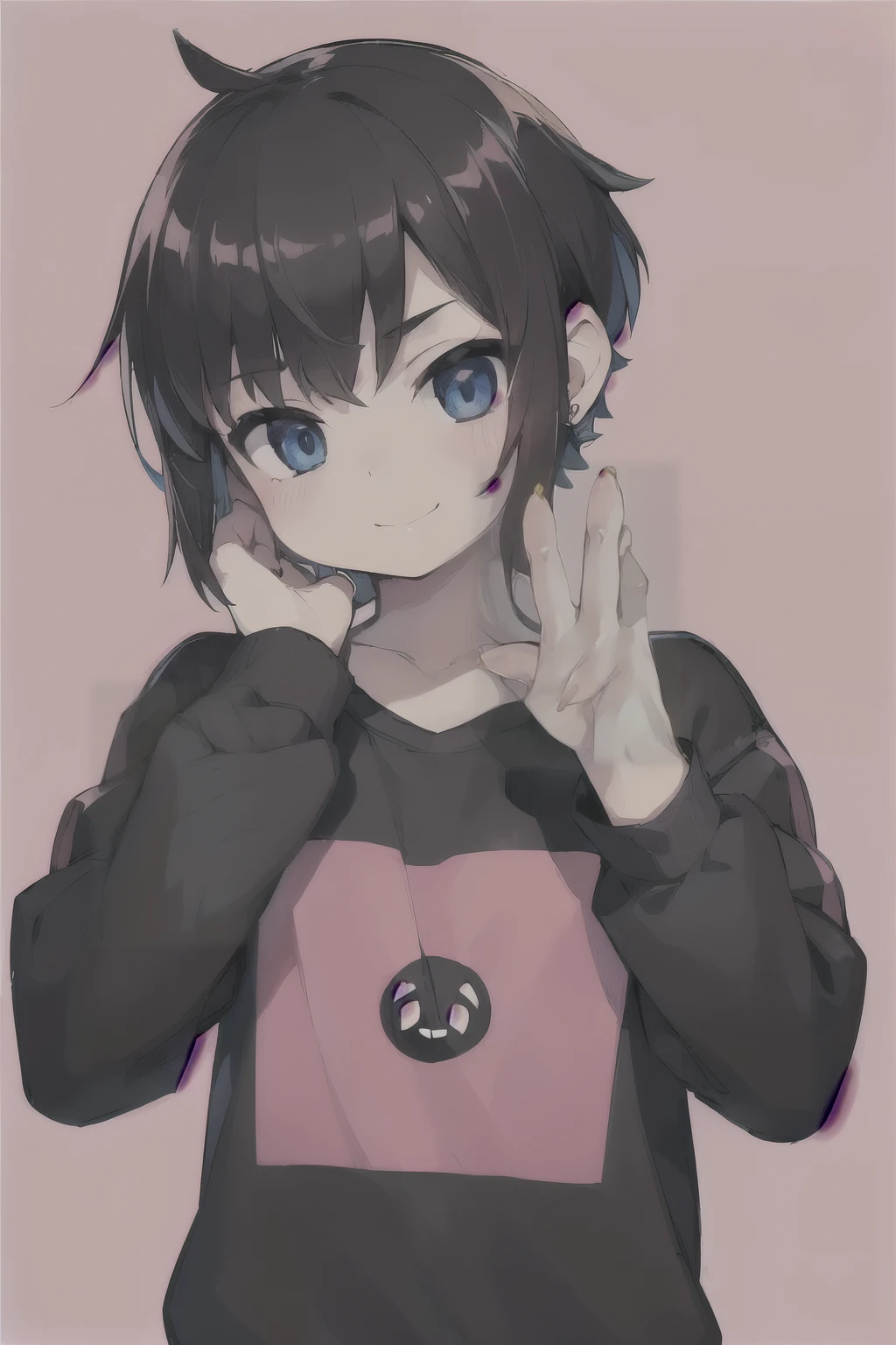 Highest quality, (high quality),pink background,gradation,punk style,eye highlights, arms up, peace fingers,arms are thin, thin body,face,from front, upper body,looking up, look at viewer , light in the eyes, eyes shine,shy, Pouting mouth,watery eyes,smile, open your mouth and laugh,(((10 years old))), (1 boy),bangs hairclip,black hair, short hair,ear cuffs, hair ornament ,illustration,anime style,