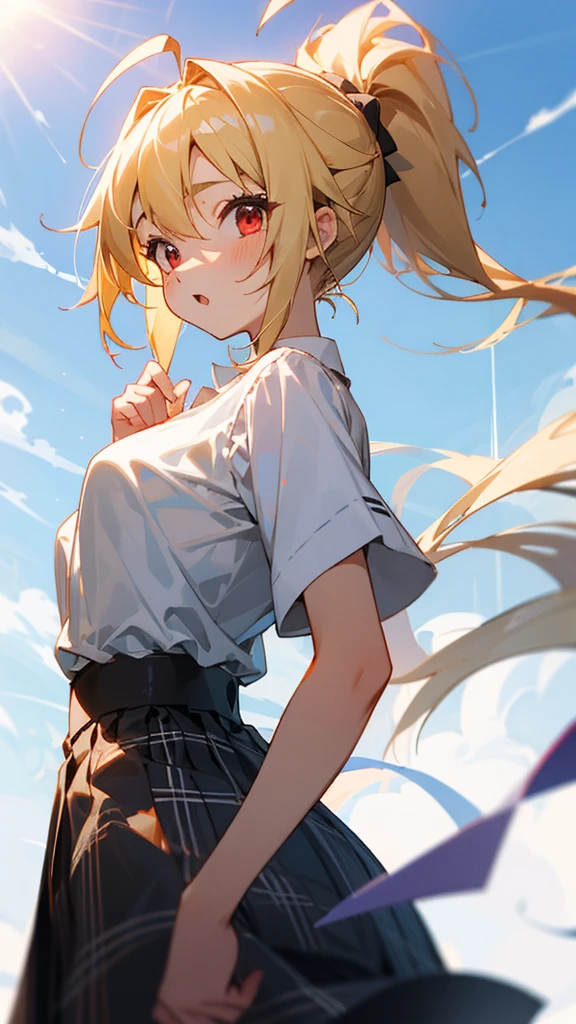 16-year-old girl、blonde、ponytail、Round red eyes、Ahoge、Small breasts、From the back、white blouse shirt、Checked skirt、wood々Under the bright sunlight shining through、Sharp contours