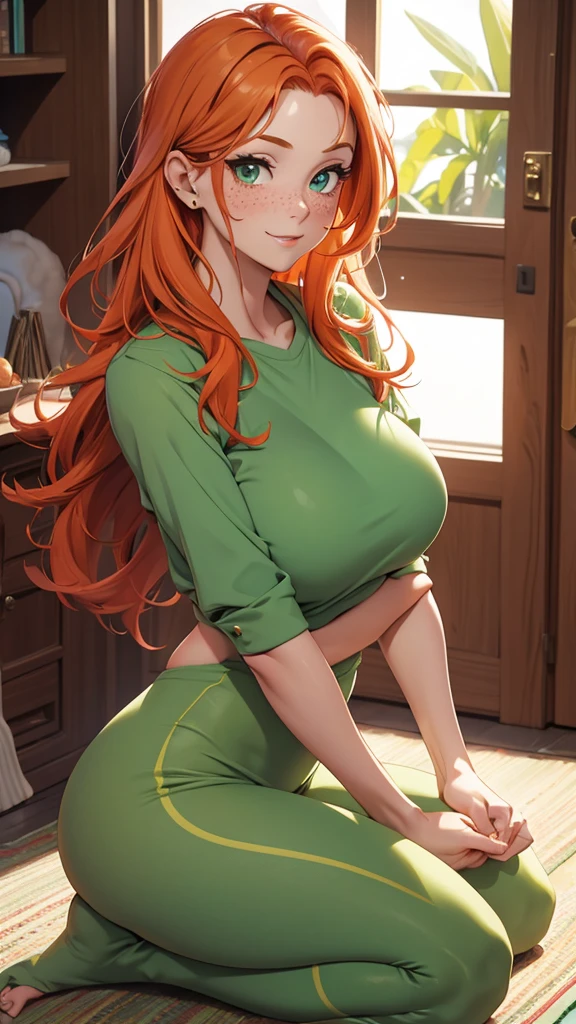 (masterpiece), (4k), )vivid colors), (evening light) 38 year old woman with ginger hair, green eyes, heart shaped face with freckles dressed as a Milf, housewife, yoga lover, hippie