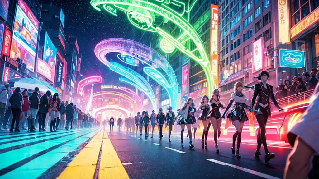 A spectacular parade in a futuristic metaverse theme park with colorful neon lights