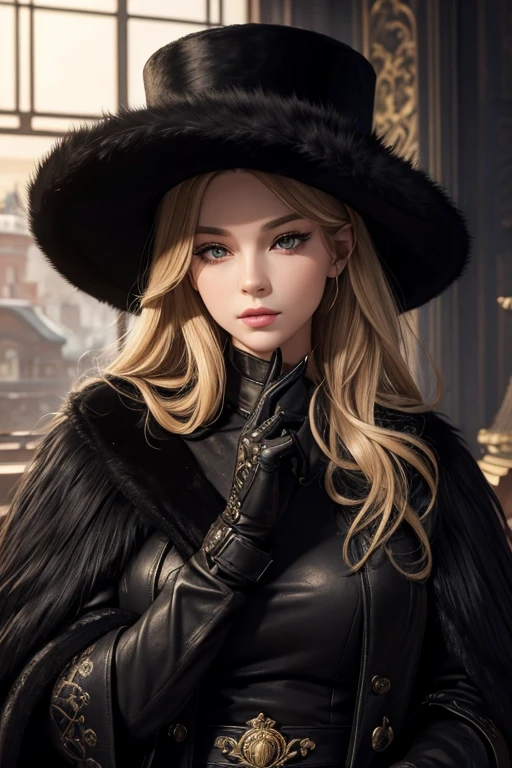 (Highest quality, masterpiece:1.2), High resolution, Super detailed, Realistic:1.37, Fantasy, An illustration, pupils are black、Black Russian hat、Black mink long coat、Black gloves、Black boots、blonde、Black eyes、detailed、Long eyelashes、Slender body、Healthy Lips、Intense eye highlight、Small breasts、Russian style、Do not show bare skin、Maetel&#39;Image of、Showing teeth、smile