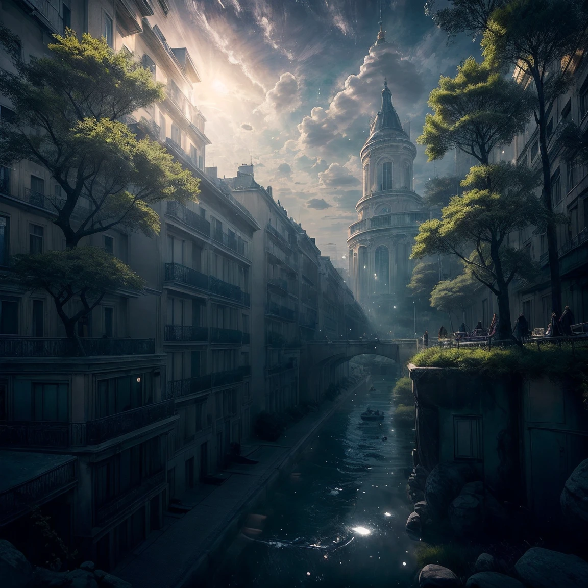 Une scène nocturne mélancolique pour une pochette d'album, montrant une jeune infirmière brune en uniforme blanc chutant dans le vide, à côté d'un immeuble moderne. La chute semble interminable, le sol est invisible et seul l'immeuble et la silhouette de l'infirmière sont visibles. L'ambiance doit dégager une profonde solitude et tristesse, avec une atmosphère sombre et des lumières urbaines lointaines en arrière-plan, créant un contraste poignant