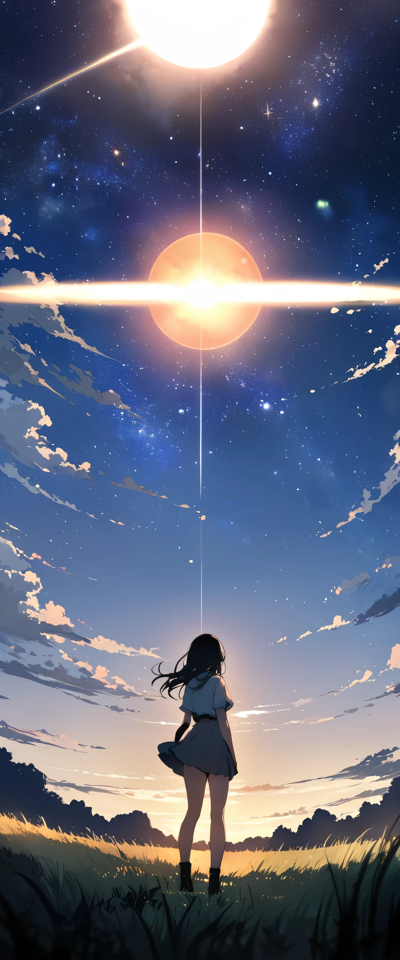 (((masterpiece))),(((Highest quality))),((Very detailed)),Rear view, Looking at the Sun, 空にはuniverse船がある, three suns, Black Hair Girl, , (Stand 20 meters away),Standing in the grassland, landscape, universe, 8k, Super Detail,The whole scene is Shiny O's、illumination、Particles of light,