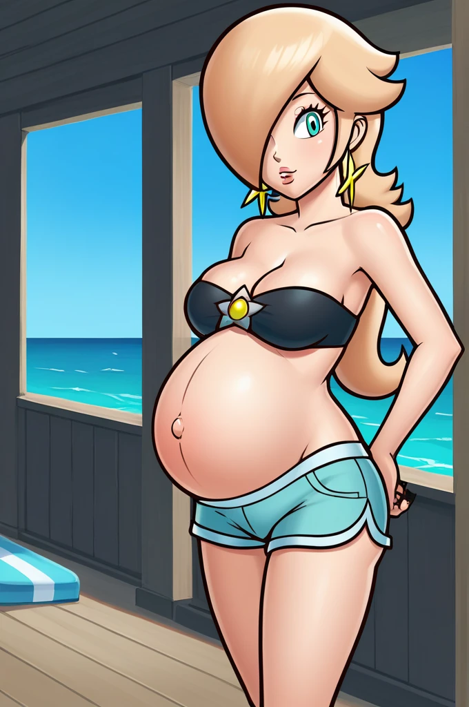 score_9, score_8_up, 1girl, solo, rosalina, style parody, thick outlines, black bikini, shorts, pregnant belly, sleeveless, strapless, cleavage, indoors, beach, black nails, 