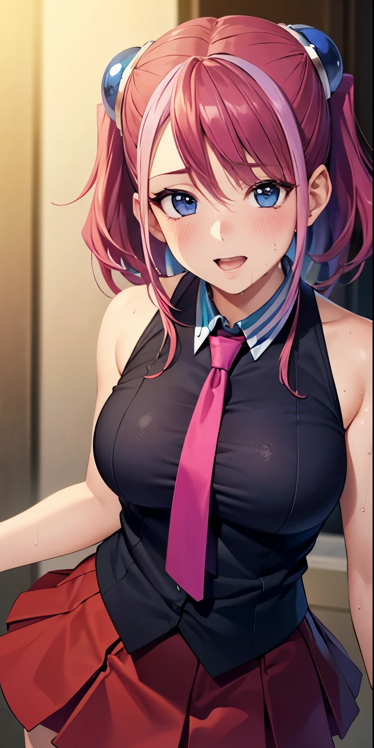 1 Female,High definition,high resolution,Ultra-realistic,8K, hy1, hair ornament, multicolored hair, necktie, skirt, sleeveless, , pink skirt, tight skirt,miniskirt, jewelry,European,sexy,Upper body close-up,Photographed from the front,Dynamic Angles,blush, medium , happy, wink the eye,facial, sweat,multicolored hair 