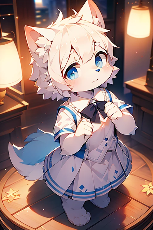 short white haired,( big blue eyes),anthropomorphic standing furry little wolf,((full body furry)), cute,(head bust close-up),Beautiful lights and shadows,delicate eyes,were white skirt，8k, highres, masterpiece, usharp focus, extreme detail description, professional, vivid colors, bokeh