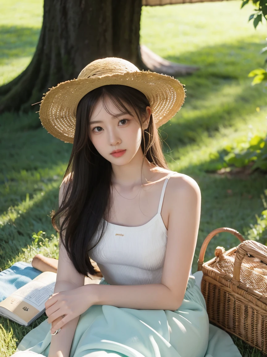 A beautiful girl with long, silky hair is lying on a lush green meadow. She wears a short white t-shirt and a pastel-colored mini skirt, giving her a lively and youthful appearance. She is comfortably resting, eyes closed, as if savoring a peaceful moment.

Around her, there are adorable picnic items: a wicker basket filled with fresh fruits, an open book, a straw hat, and a few soft, small pillows. Beside her, there's a refreshing pitcher of lemonade and a small blanket spread out for her to lie on. Soft sunlight filters through the tree leaves, casting gentle dappled shadows on the grass.

This scene evokes the feeling of a perfect summer afternoon, vibrant and serene, like a picturesque snapshot of a blissful and relaxing picnic day.