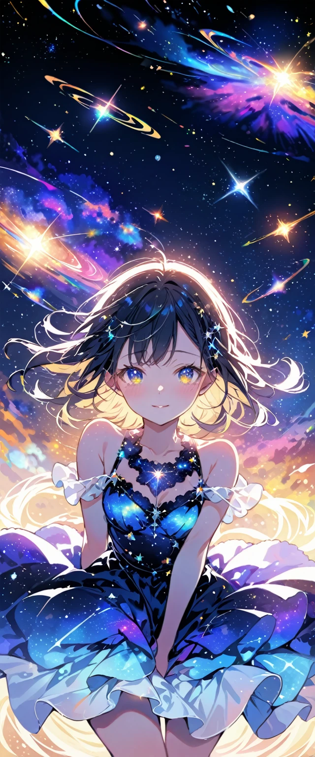 Attention to detail, Super Detail, Ultra-high resolution, A girl having a good time in a dream galaxy, Surrounded by stars, The warm light that shines on her, The background is a starry sky with colorful galaxies and galactic clouds, The stars fly around her, Delicate face, Add a playful touch ,