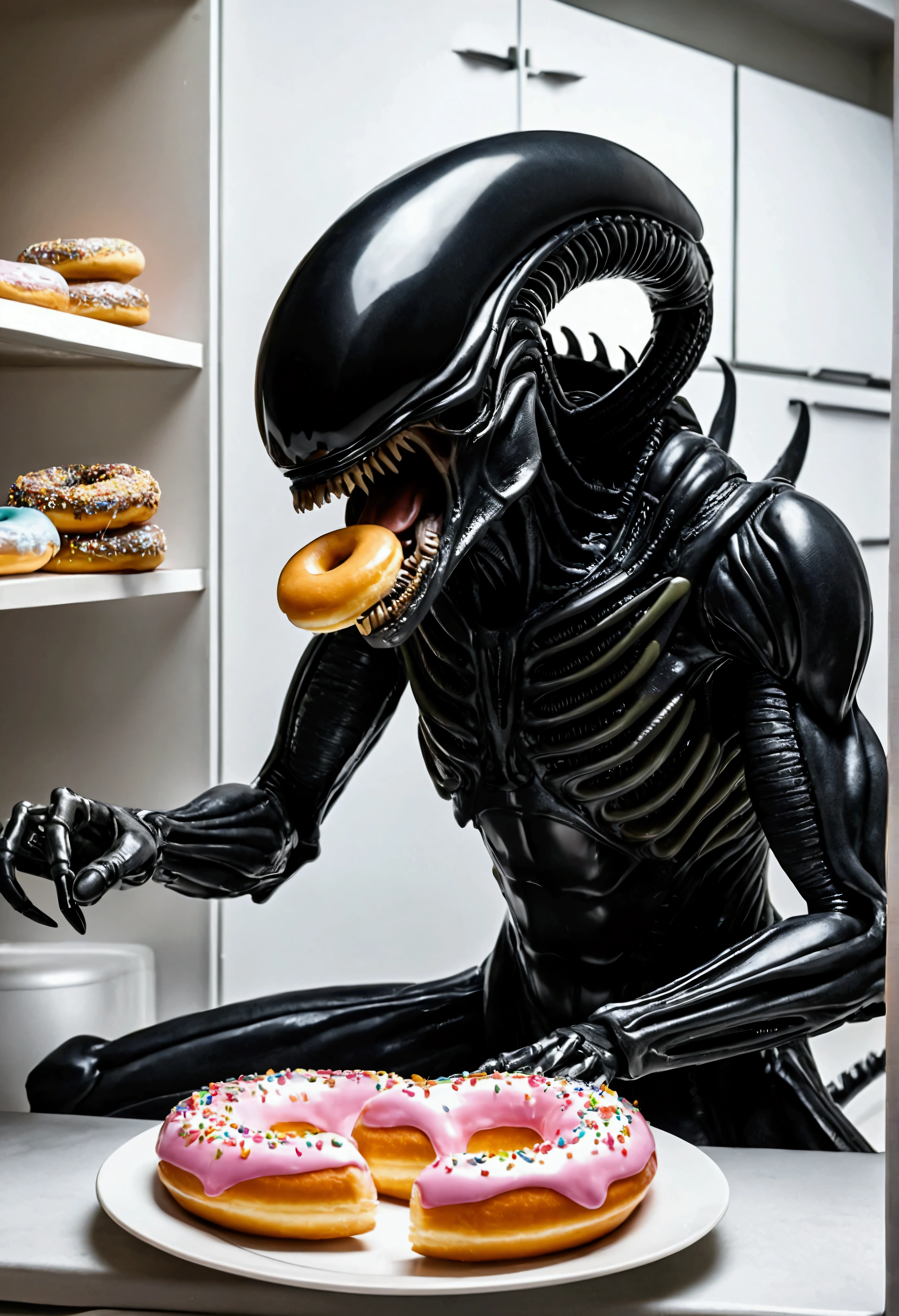 Aliens xenomorph has broken into the pantry, it is eating a donut, spaceship
