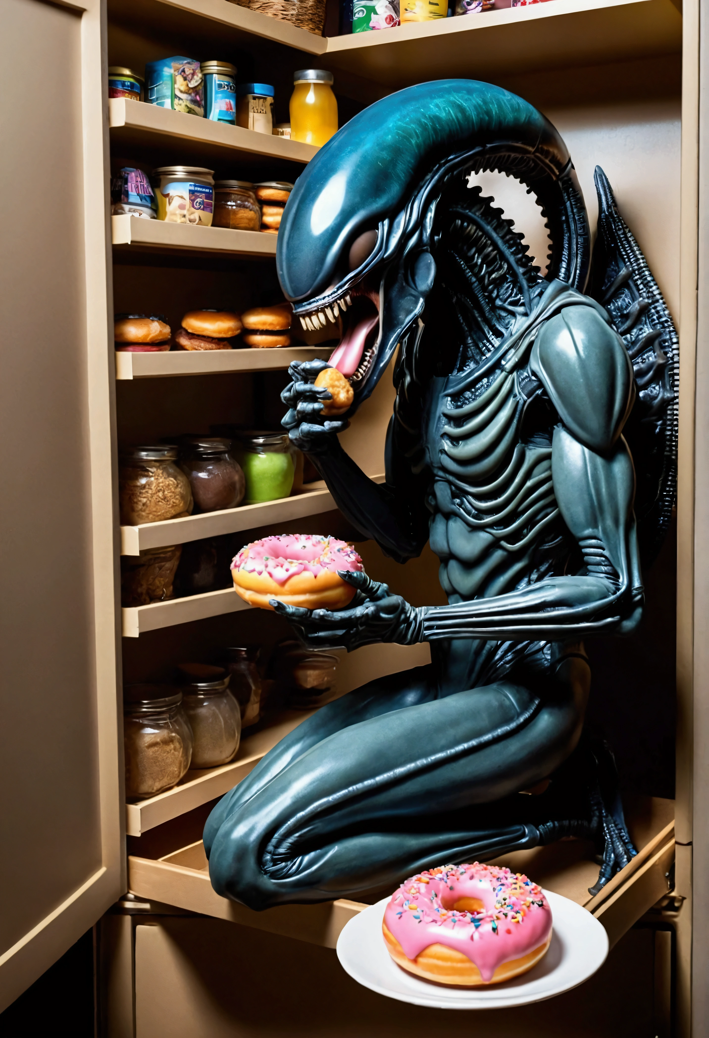 Aliens xenomorph has broken into the pantry, it is eating a donut, spaceship