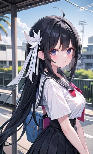 girl、As an adult、cute、smile、high school student、uniform、Summer clothes、Seraphim、Fair skin、Large Breasts、Long black hair