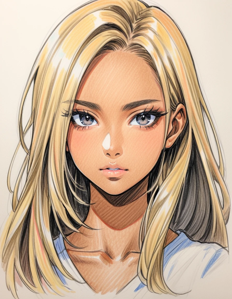 (color pencil drawing), draft drawing, face. (from front), female, age 18, solo, (dark skin:1.2), blonde long hair, black eyes, black eyeliner, false eyelashes