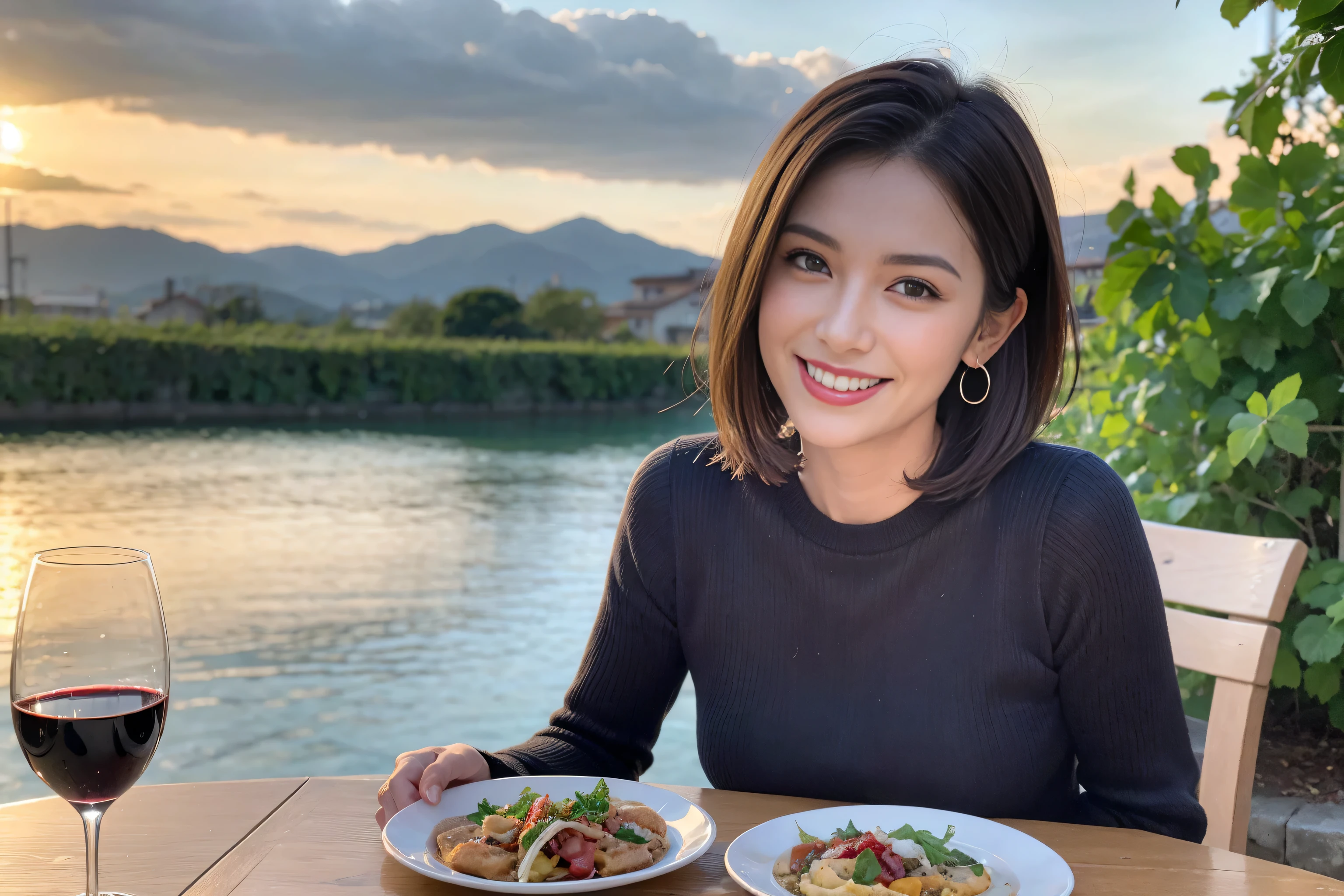 (Realistic:1.1),(masterpiece,Highest quality),8k,(49 years old), 53 years old, slimカップル、Tight waist,Upper Body,full-course dinner、wine 、Amazing view of the sunset sky and clouds、Perfect Anatomy, Brown Hair, short hair,Random Hairstyles,((Highly detailed face and eyes:1.2)),Perfect golden ratio face,Long sleeve shirt、dress,(smile:1.2)、Shortcuts、cute、(Realistic, Intricate details:1.2), A bright smile、short hair,Bright Face、赤wine 、Appetizers、Italian food、wine bottle、Champagne、スパークリングwine、(slimな顔), (The body is slim), (Brown Hair), (Shortcuts), Upper Body, 白wine, slim, wineグラス,