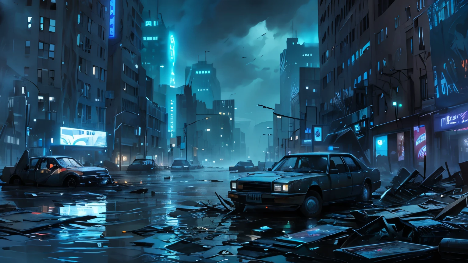 In the foreground of a gritty, oil-painted digital artwork, a desolate nocturnal cityscape ravaged by catastrophic floods, situated in a ravaged metropolitan area, depicts a bleak post-apocalyptic scenario, with murky water stagnating in the streets, littered with discarded, shattered videogames and PCs, twisted metal, and mangled wreckage, set against a backdrop of deep, ominous indigo and charcoal hues, accented with faint, eerie blue glows emanating from flickering console screens, surrounded by an atmosphere of decay, neglect, and eerie, pulsing silence.