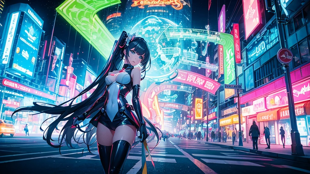 A spectacular parade in a futuristic metaverse theme park with colorful neon lights