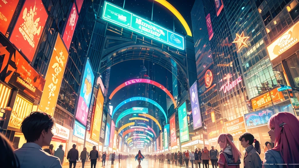 A spectacular parade in a futuristic metaverse theme park with colorful neon lights
