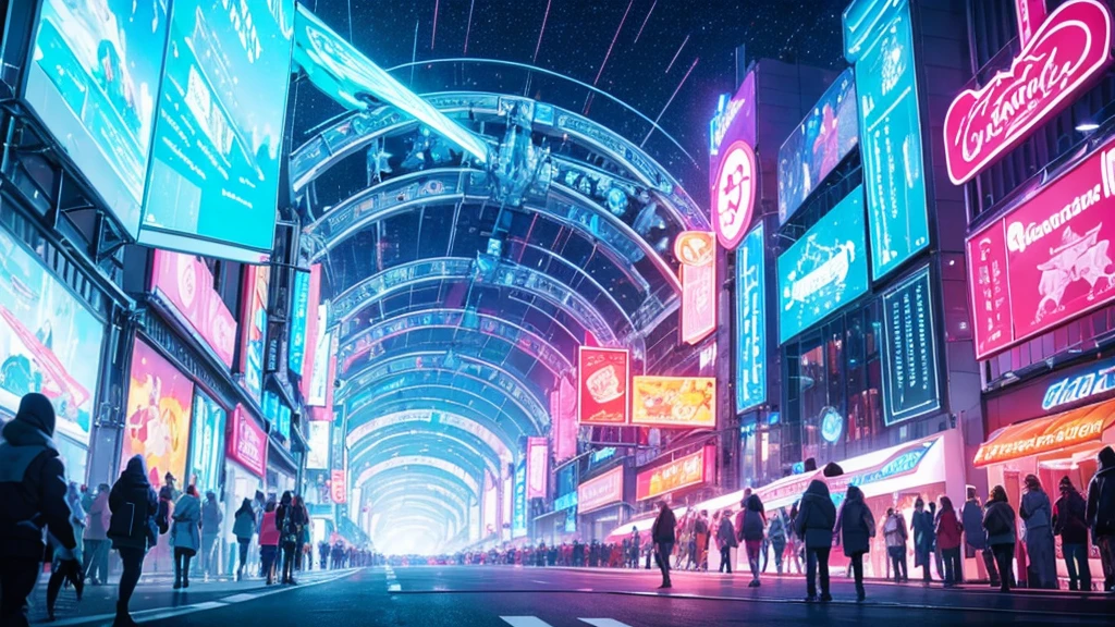 A spectacular parade in a futuristic metaverse theme park with colorful neon lights