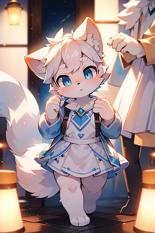 short white haired,( big blue eyes),anthropomorphic standing furry little wolf,((full body furry)), cute,(head bust close-up),Beautiful lights and shadows,delicate eyes,were white skirt,8k, highres, masterpiece, usharp focus, extreme detail description, professional, vivid colors, bokeh