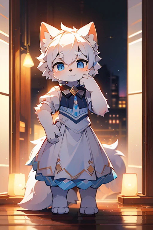short white haired,( big blue eyes),anthropomorphic standing furry little wolf,((full body furry)), cute,(head bust close-up),Beautiful lights and shadows,delicate eyes,were white skirt，8k, highres, masterpiece, usharp focus, extreme detail description, professional, vivid colors, bokeh