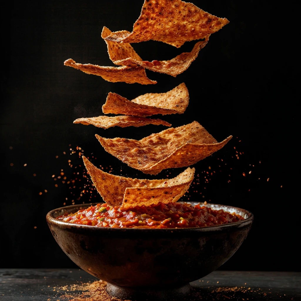 The image should show several stacked pita chips, falling from top to bottom in a bowl of salsa verde, guacamole. The background should be completely black, highlighting the fries and sauce. The chips should be crispy and lightly golden, with slightly visible greenish breading. The bowl of red sauce should be positioned in the bottom center of the image, with the pita chips falling toward the bowl, creating a sense of movement. The green sauce should look thick and appetizing, with a texture that suggests freshness and flavor. The image must be in the aspect ratio of 9:16 and must have a black background