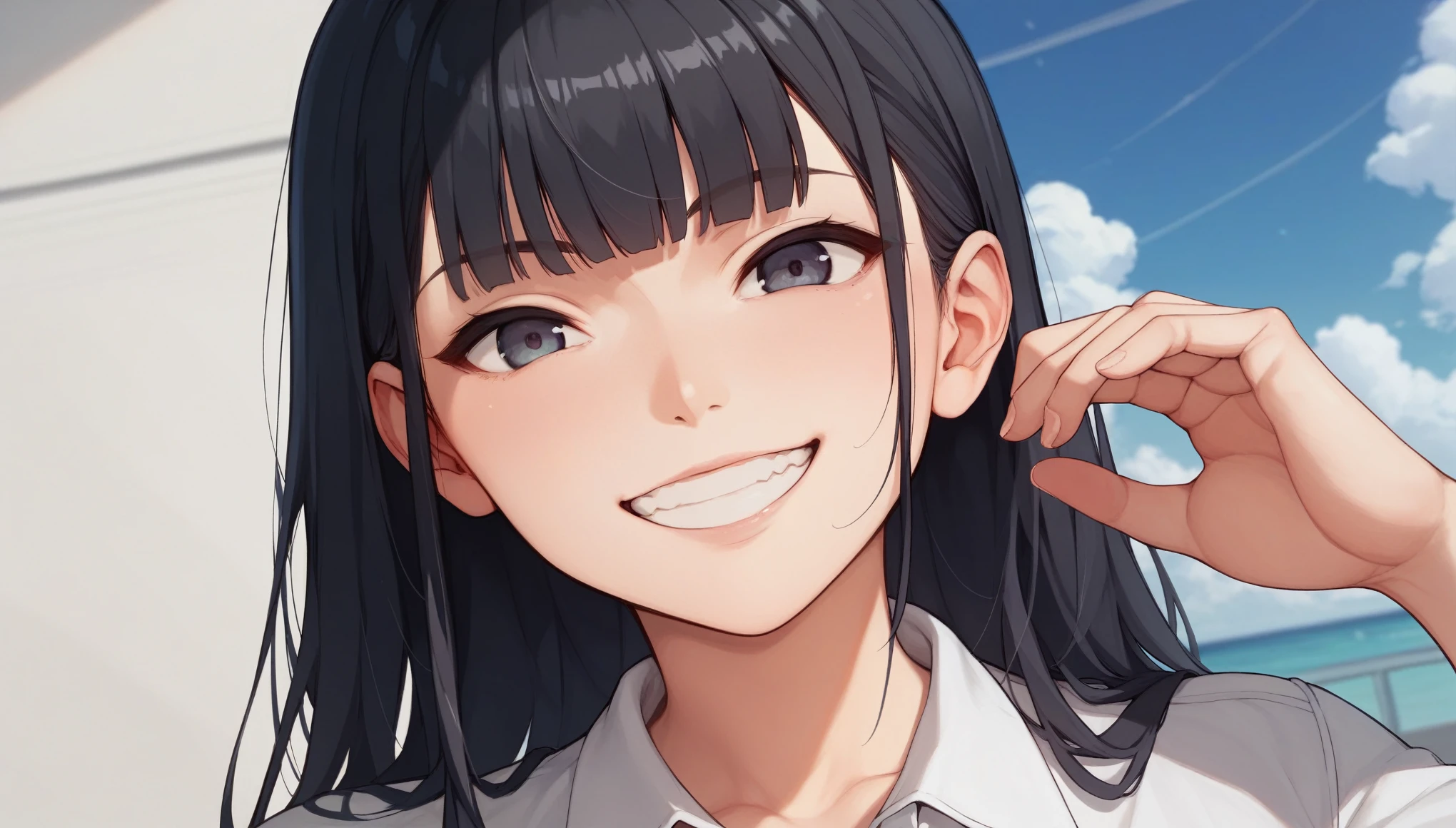 face up、from the front、Only the face、high resolution、Tabletop、Summer sky、To the Cloud、White shirt、Hair between the eyes、blunt bangs、Black Hair、smile、Grin、