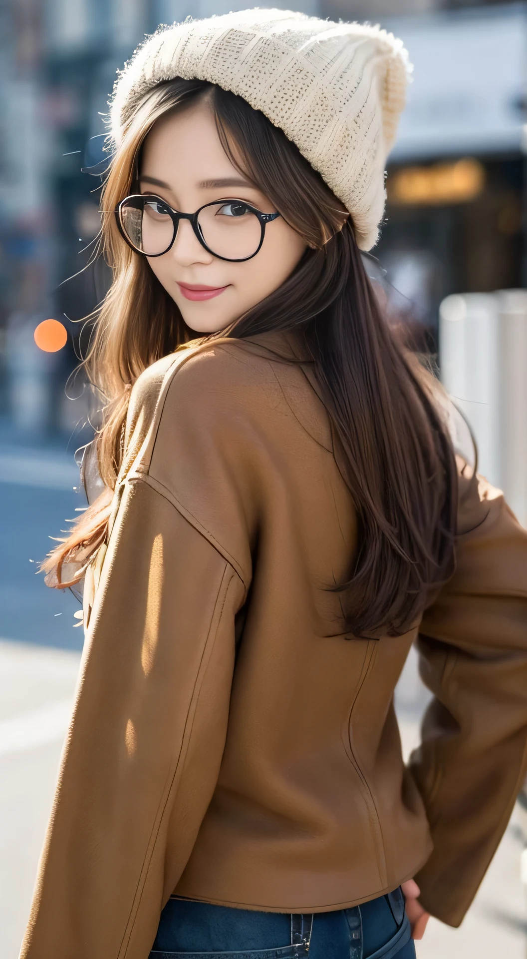 （３２K,high-detail,high detal,hight resolution,highdensity,solo,Lori：1.3）,（Realistic people,Live Action,A detailed eye,High resolution eyes,Fine eyes,Eyes that look like they are alive,Beautiful dark blue eyes,Fishing eyes,detailed lips,Crystal clear white skin,detailed realistic faces：1.3）,（Japanese ido,Korean Idols,model in Japan,Korean models,Korean K-Pop Female Idols：1.2）,（with a flushed face,natural make up,a necklace,piercings,Navel piercing：1.4）（Military Cargo Pants,Colorful tops with a large silhouette,Large-sized coat,Leather Boots,Knitted hats,Mode-type beautiful eyes casual：1.6）,（well-shaped breasts：1.5）,（A young but very beautiful Korean１6 years old ,Cool eyes,little smiling,facing back,turned around,Looking at the camera,Fashion Leader,fashion modell,Soft skin,Unforgettable eyes,Eyes are too beautiful,I want to go to Paris Collection.,Cutting-edge fashion：1.6）,（showing your whole body,Show full-body fashion,Stylish blue glasses：1.7）