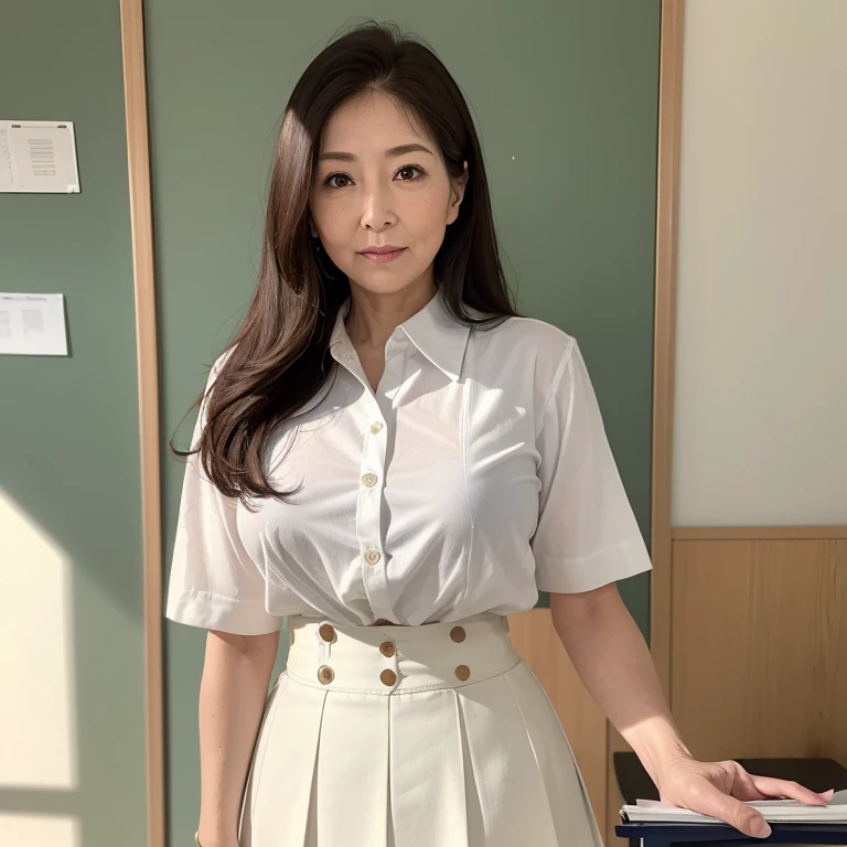 High resolution, High-level image quality, High definition, masterpiece, 8k, Anatomically correct, Professional Lighting, sharp, White Photo,
((Japanese Mature, 90 years old, Beautiful female teacher)), One person, ((Facial wrinkles)), Shapely large breasts, Straight, light brown, long hair that reaches the shoulders, Chubby body type,
((School classroom, Standing upright, holding the attendance book and looking at the viewer)),
(((A white summer buttoned shirt tucked into a skirt, Tight summer high waisted white long flared skirt))),
Composition from knee to head