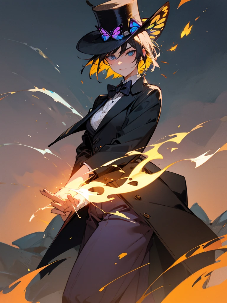 Western landscape、Tiger print short hair、Black tiger coat Black top hat、bow、Blue swallowtail butterfly burning flame
