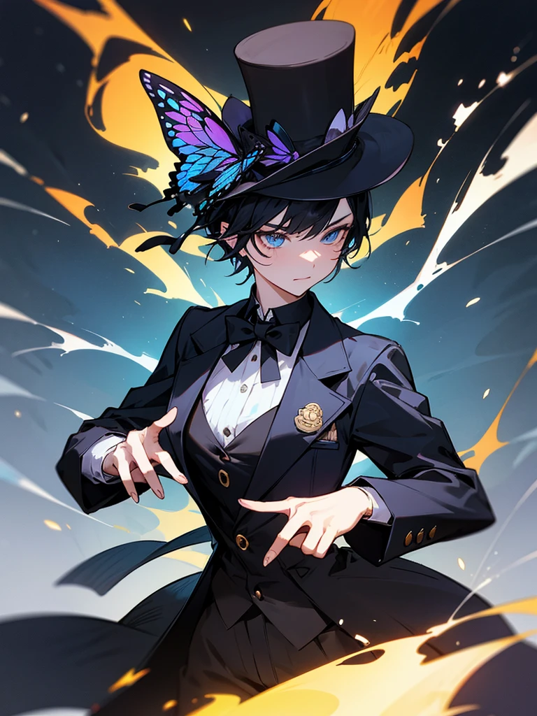 Western landscape、Tiger print short hair、Black tiger coat Black top hat、bow、Blue swallowtail butterfly burning flame