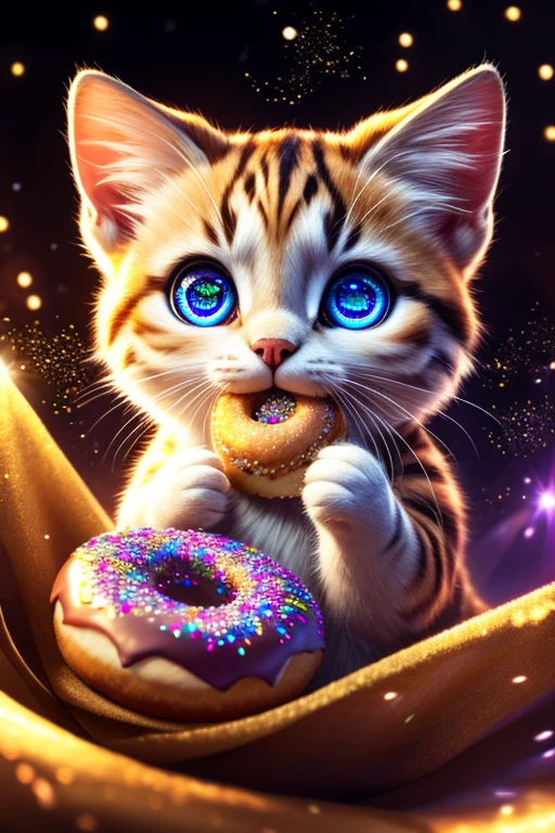 (Highest quality、masterpiece、8k))、Anatomically correct、Very detailed、High resolution、Realistic、((Beautiful, sparkling, detailed eyes))、Intricate details、Cinematic lighting、((Dynamic composition))、kitten、Big head、Eating a donut