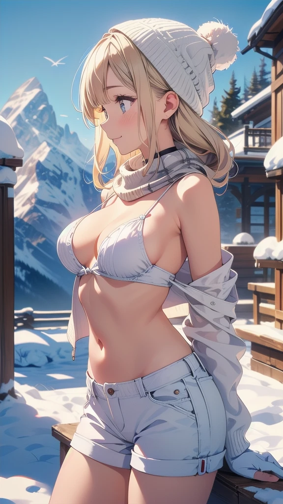 nsfw:1.6, Top quality, ultra high resolution, , (top quality, high resolution, 4K, detailed lighting, shaders, perfect anatomy, perfect proportions), eye of the beholder, (masterpiece, top quality) (top quality, 4K, 8K, high resolution, masterpiece: 1.2), highly detailed, (masterpiece: 1.3, top quality, ultra high resolution, ultra detailed), (top quality: 1.2), perfect eyes, perfect face, (top quality, 4K, 8K, high resolution, masterpiece: 1.2), highly detailed, (top quality, 4K, 8K, high resolution, masterpiece: 1.5), masterpiece, top quality, ultra detailed, top quality, high resolution, 32K CG, very delicate and beautiful, illustration, high resolution, sharp focus, very beautiful and detailed anime face, very detailed eyes, ((masterpiece)), ((best quality)), (super detailed), ((cute)), cute, ((very detailed)), 4K, (8K), best quality, (best quality, 8K, 32k, masterpiece, super high resolution, very detailed, impressionistic:1.2), blurred background, (two arms) , (two legs), (four fingers and 1 thumb) , only one belly button, Bare shoulders.

Beautiful woman, light blonde hair, brown skin: 1.5, smiling face, profile, hands up, cowboy shot, white jacket: 1.3, topless: 1.4, white knit cap, checked scarf, large breasts: 1.6, beautiful breasts: 1.3, well-developed breasts: 1.2, white lace choker, white short hot pants, white winter boots, white winter gloves, Alpine mountaintop, outdoors: 1.5, snowy scenery, clear ultramarine sky: 1.7,
