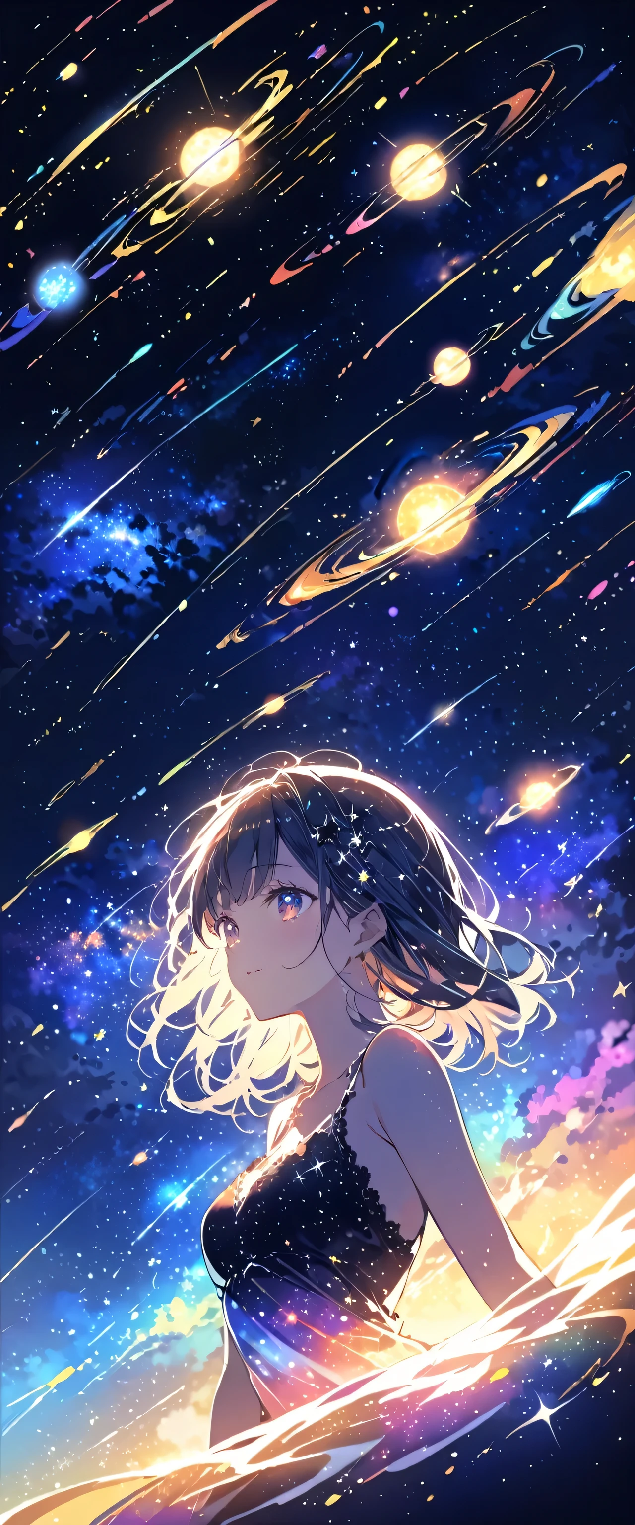 Attention to detail, Super Detail, Ultra-high resolution, A girl having a good time in a dream galaxy, Surrounded by stars, The warm light that shines on her, The background is a starry sky with colorful galaxies and galactic clouds, The stars fly around her, Delicate face, Add a playful touch , 