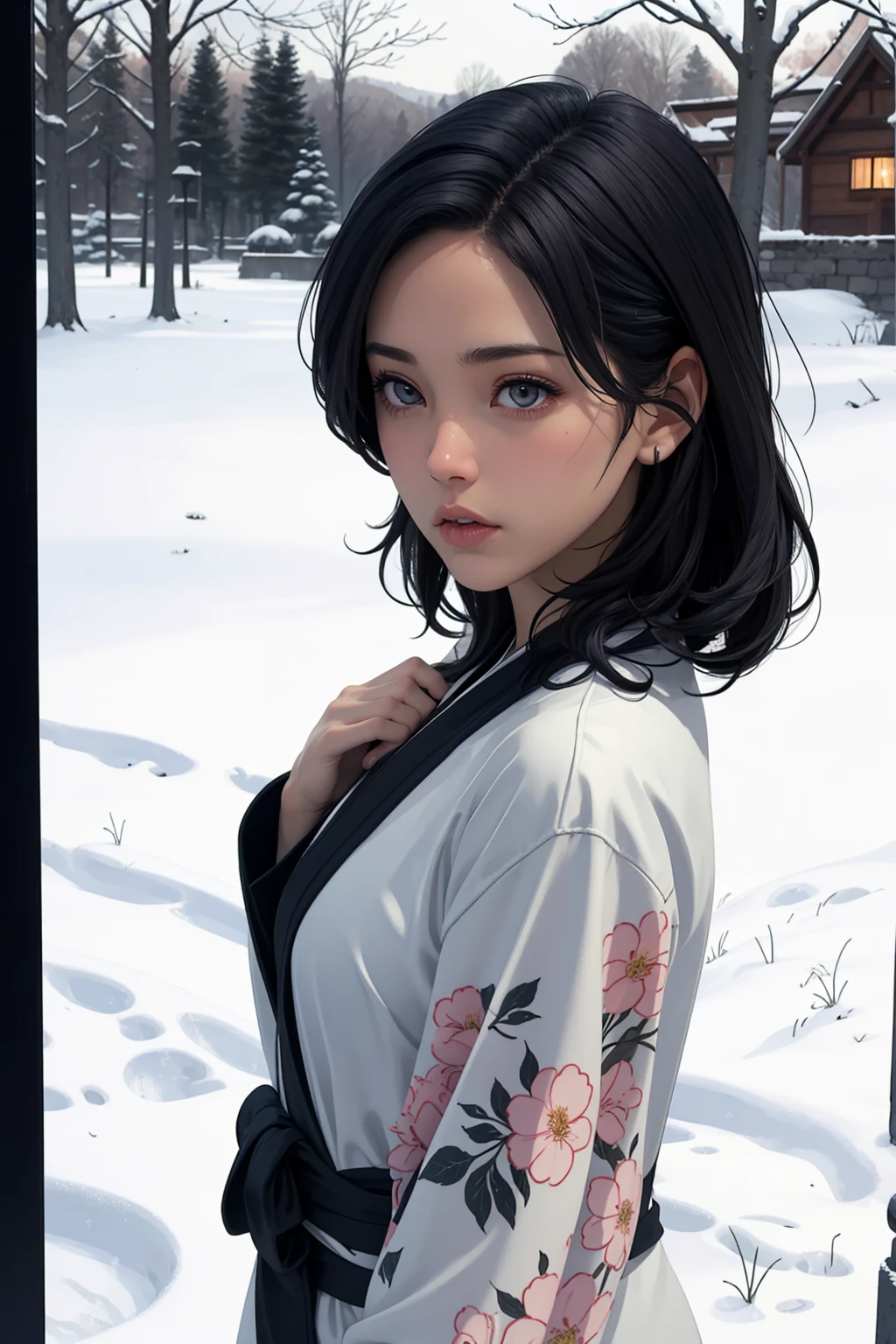 1girl,short black hair,pink flower pattern kimono,standing outside,in the snow,fullbody shot,(best quality,4k,8k,highres,masterpiece:1.2),ultra-detailed,(realistic,photorealistic,photo-realistic:1.37),beautiful detailed eyes,beautiful detailed lips,extremely detailed eyes and face,longeyelashes,winter landscape,snow-covered ground,detailed background,warm lighting,soft focus,cinematic composition