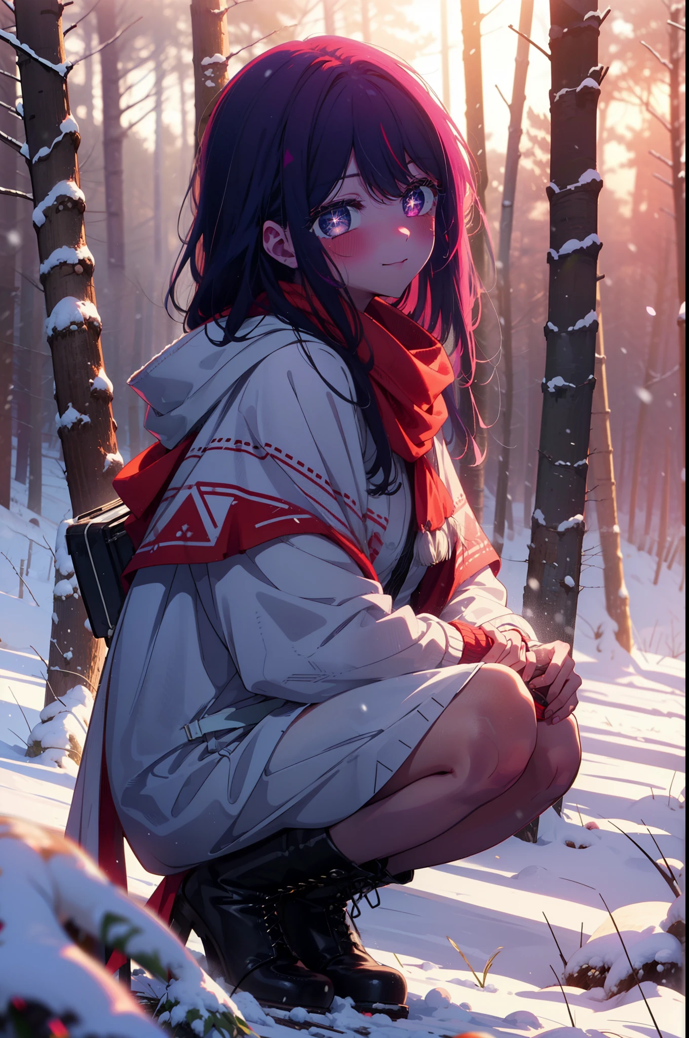 aihoshino, Ai Hoshino, Long Hair, bangs, (Purple eyes:1.1), Purple Hair, (Symbol-shaped pupil:1.5), smile,,smile,blush,white breath,
Open your mouth,snow,Ground bonfire, Outdoor, boots, snowing, From the side, wood, suitcase, Cape, Blurred, , forest, White handbag, nature,  Squat, Mouth closed, Cape, winter, Written boundary depth, Black shoes, red Cape break looking at viewer, Upper Body, whole body, break Outdoor, forest, nature, break (masterpiece:1.2), Highest quality, High resolution, unity 8k wallpaper, (shape:0.8), (Beautiful and beautiful eyes:1.6), Highly detailed face, Perfect lighting, Highly detailed CG, (Perfect hands, Perfect Anatomy),