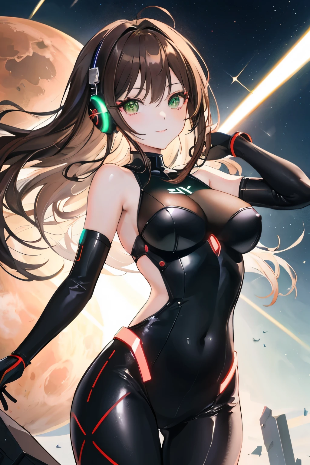 ((masterpiece, Highest quality, High resolution, 超High resolution, Pixel perfect, Written boundary depth, 4K, RTTX 10.0, High resolution))), 1 girl, single, alone, Beautiful Anime Girls, Beautiful art style, Anime characters, ((Shortcuts, bangs, Dark brown hair)), ((Green Eyes:1.4, Round eyes, Beautiful eyelashes, current eyes)), ((Smooth texture:0.75, Anime CG style)), Medium chest, ((Dynamic Angle, close)), Perfect body, (pretty girl), Beautiful girl with headphones, Sci-fi action set on Mars in the 2500s, A shiny black bodysuit, Complex patterns that emit light, smile, Background々It is a mechanical device that emits light of various colors., whole body, Dynamic Angle,